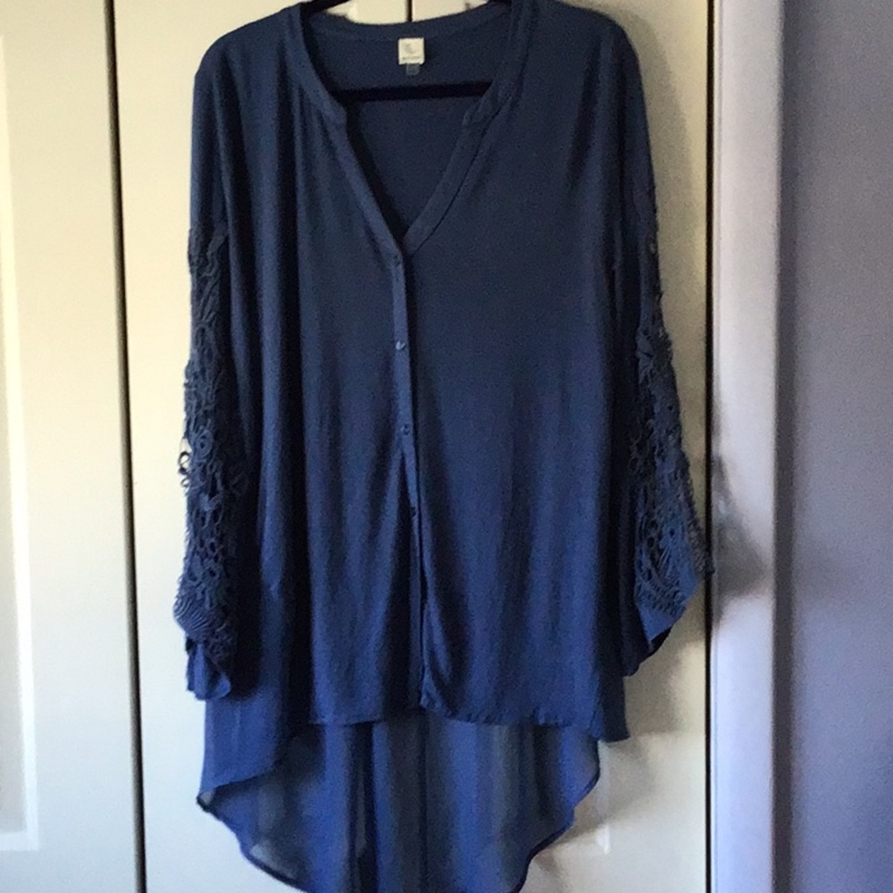 a.moon XL Blue Button Up Blouse with Lace Sleeves